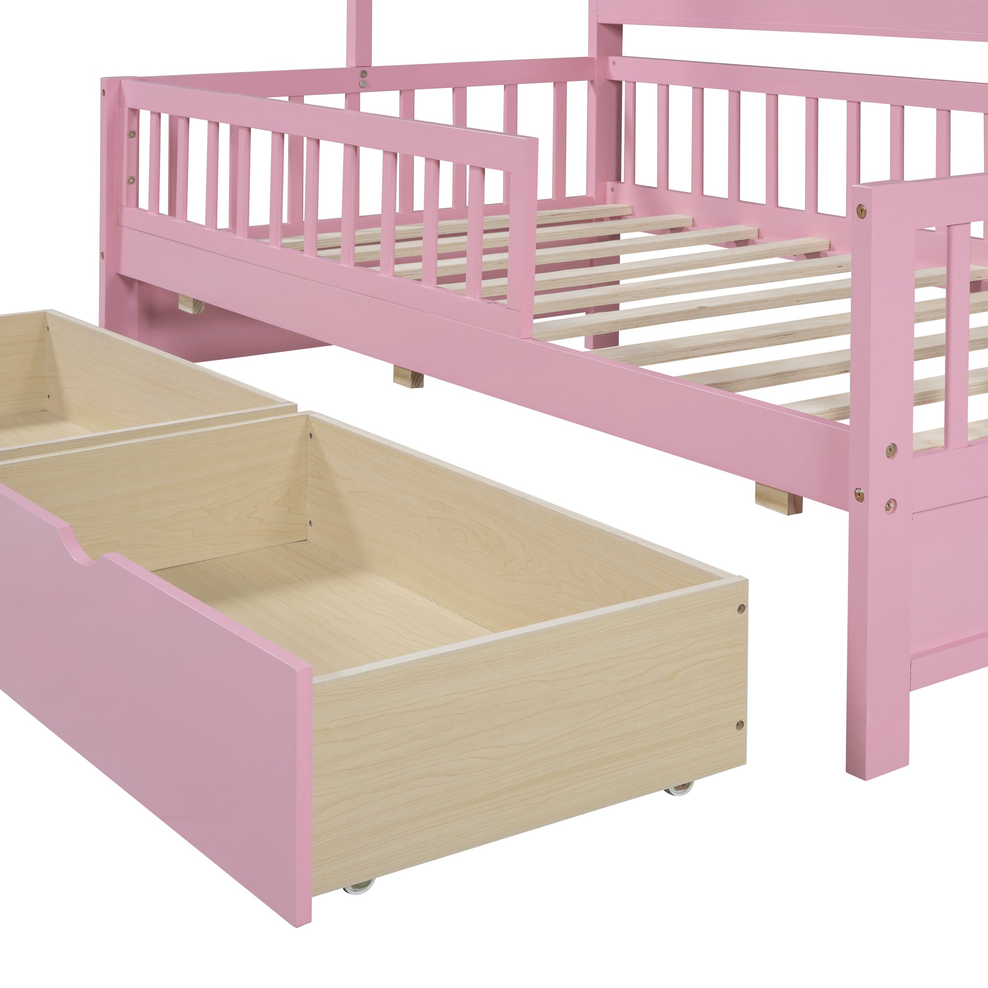 Wooden Twin Size House Bed with 2 Drawers,Kids Bed with Storage Shelf, Pink - Atlantic Fine Furniture Melbourne FL