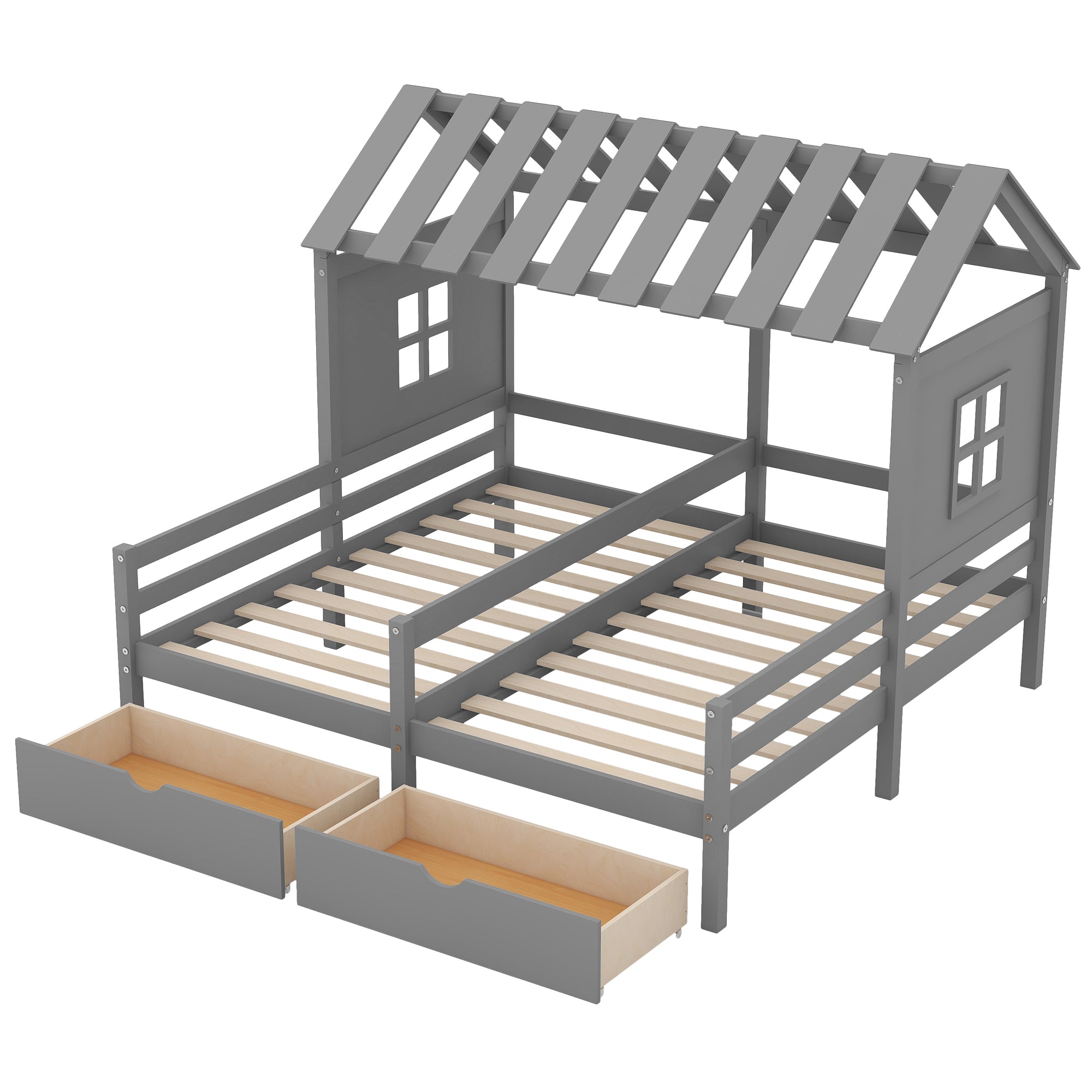 Twin Size House Platform Beds with Two Drawers for Boy and Girl Shared Beds, Combination of 2 Side by Side Twin Size Beds, Gray(old sku: GX000927AAE) - Atlantic Fine Furniture Melbourne FL
