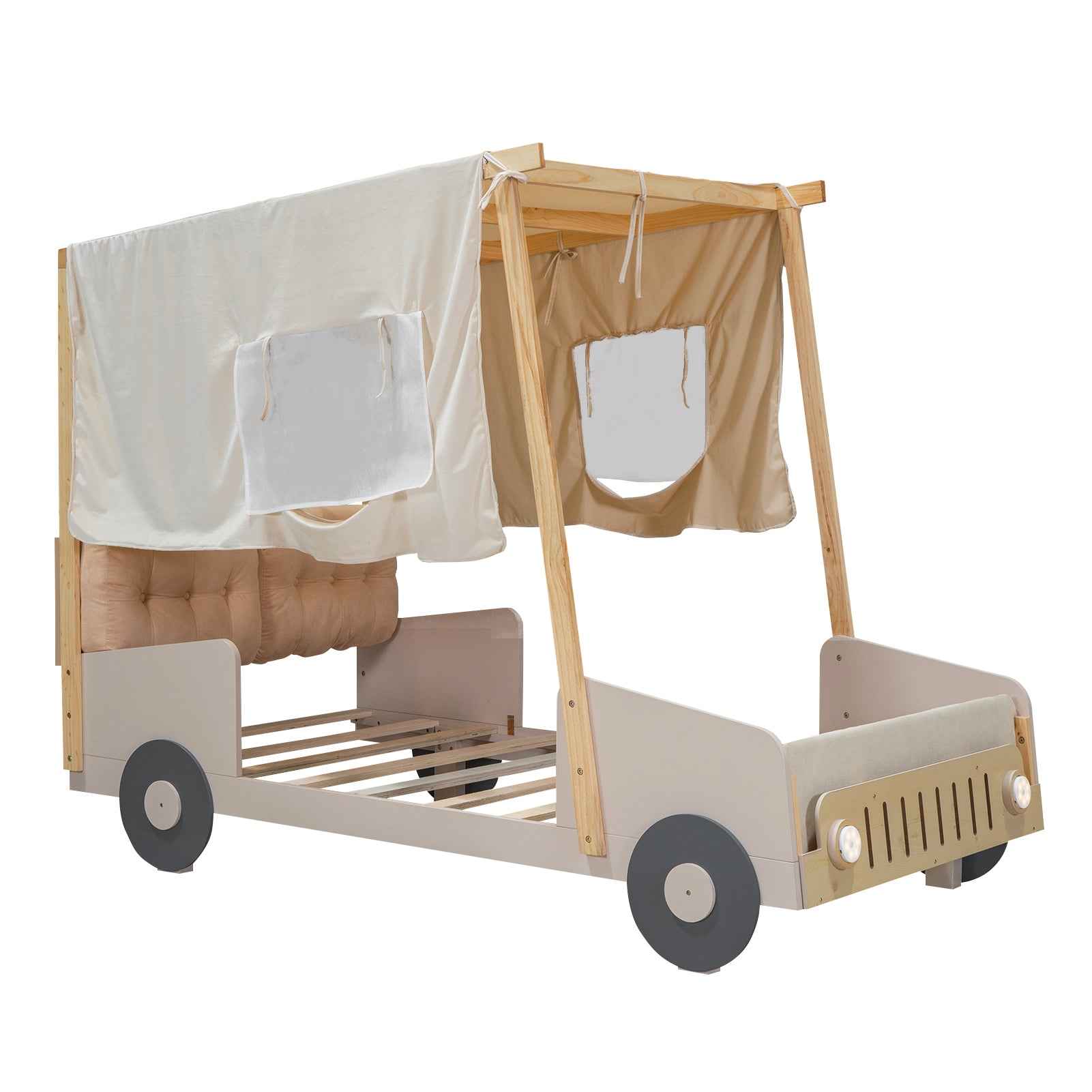 Wood Twin Size Car Bed with Pillow, Ceiling Cloth and LED, Natural - Atlantic Fine Furniture Melbourne FL