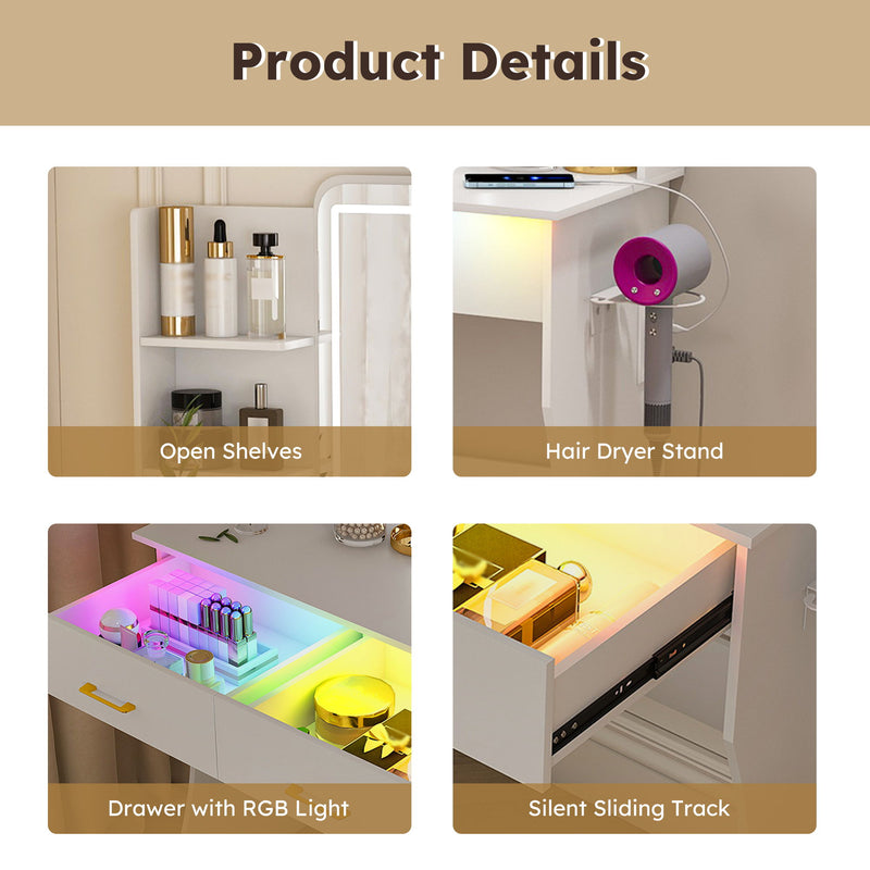 Vanity Desk With LED Lights Mirror, Power Outlet, Storage Drawers & Chair - White