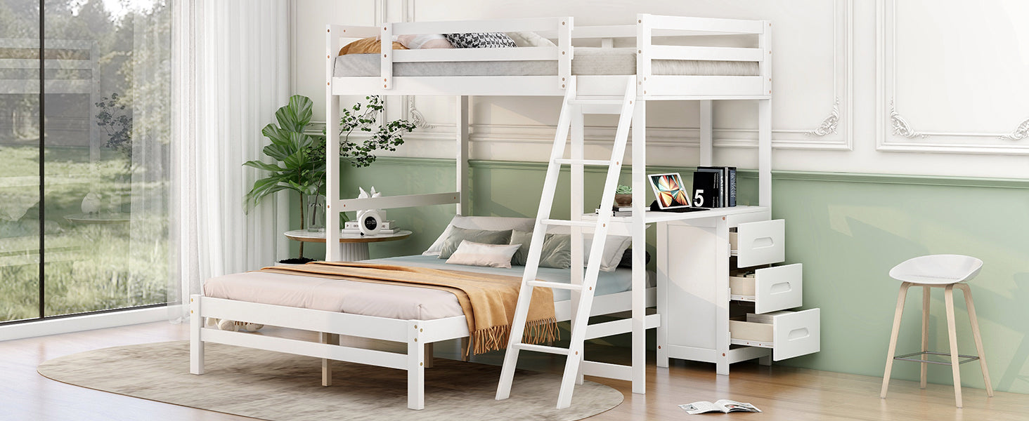 Twin over Full Bunk Bed with Built-in Desk and Three Drawers,White - Atlantic Fine Furniture Melbourne FL