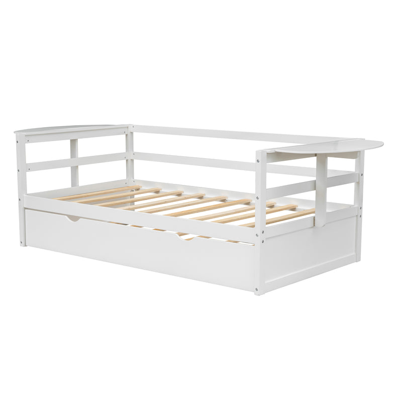 Twin Size Daybed with Trundle and Foldable Shelves on Both Sides,White