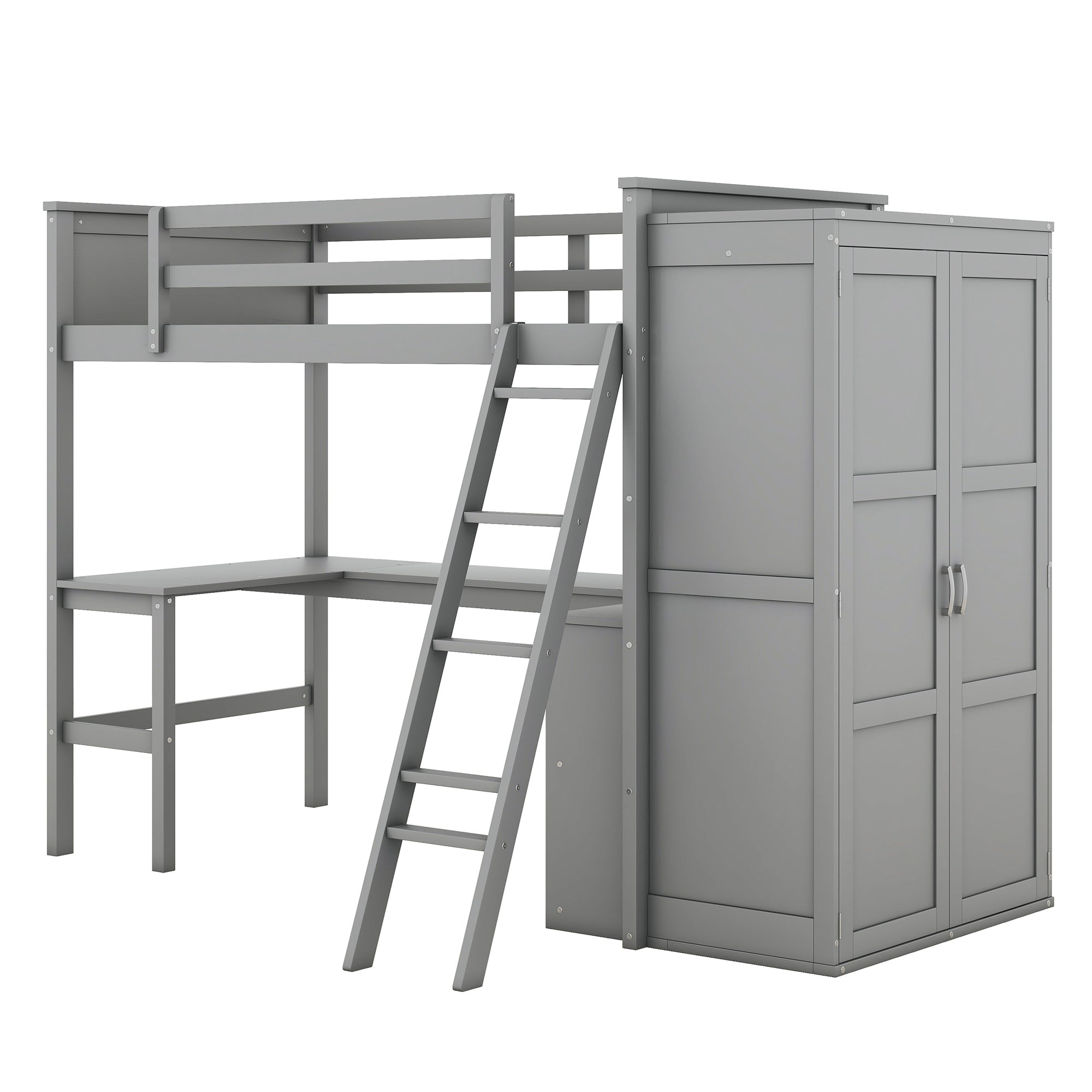 Twin size Loft Bed with Desk, Shelves and Wardrobe-Gray - Atlantic Fine Furniture Melbourne FL