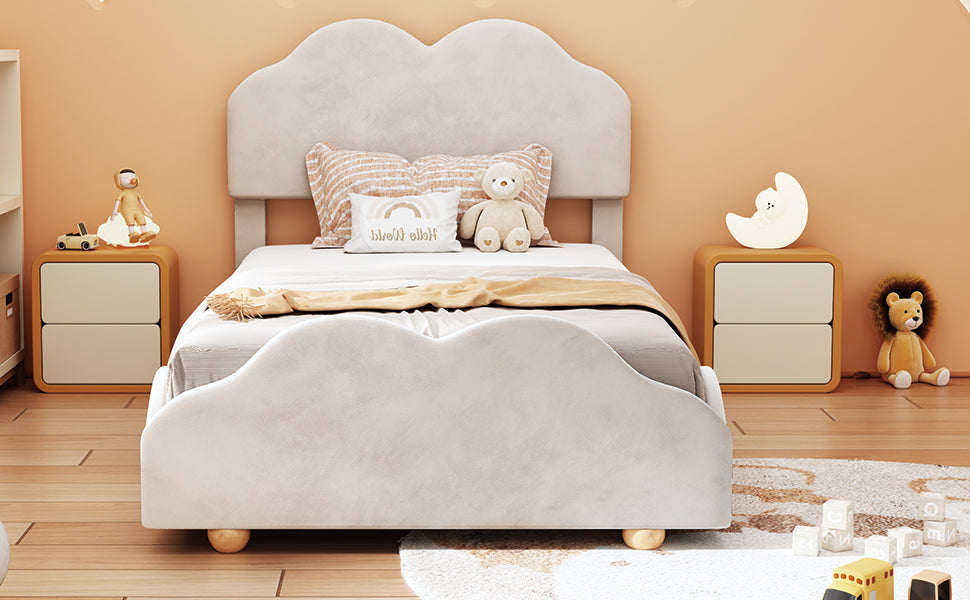 Twin Size Upholstered Platform Bed with Cloud Shaped bed board, Beige - Atlantic Fine Furniture Melbourne FL