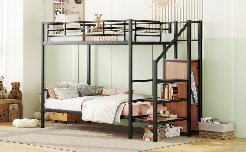 Twin Over Twin Metal Bunk Bed with Lateral Storage Ladder and Wardrobe, Black - Atlantic Fine Furniture Melbourne FL