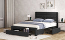 Queen Size Bed Frame with Drawers Storage, Leather Upholstered Platform Bed with Charging Station, Black