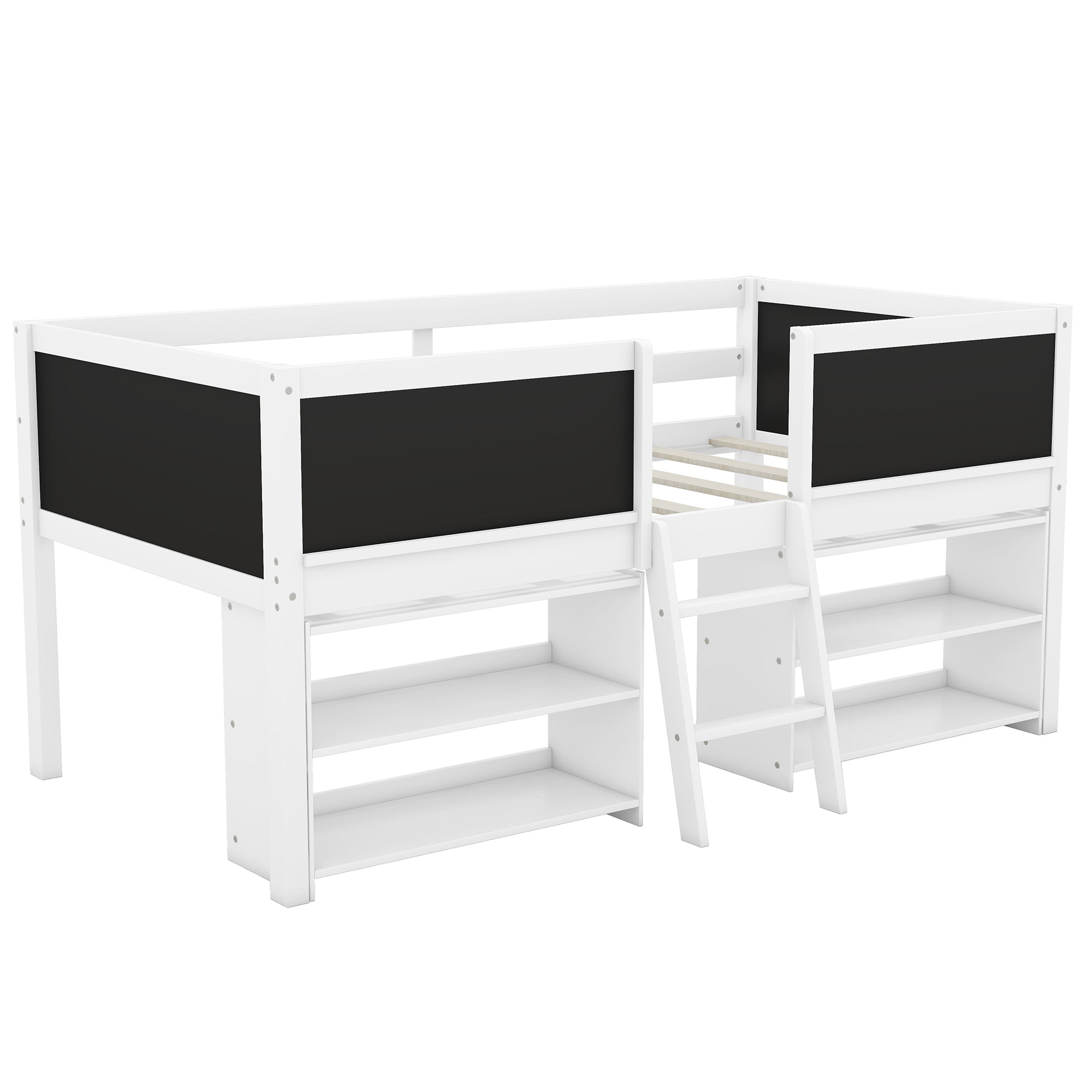 Twin Size Low Loft Bed with Two Movable Shelves and Ladder,with Decorative Guardrail Chalkboard,White(Old SKU: WF283286AAK) - Atlantic Fine Furniture Melbourne FL