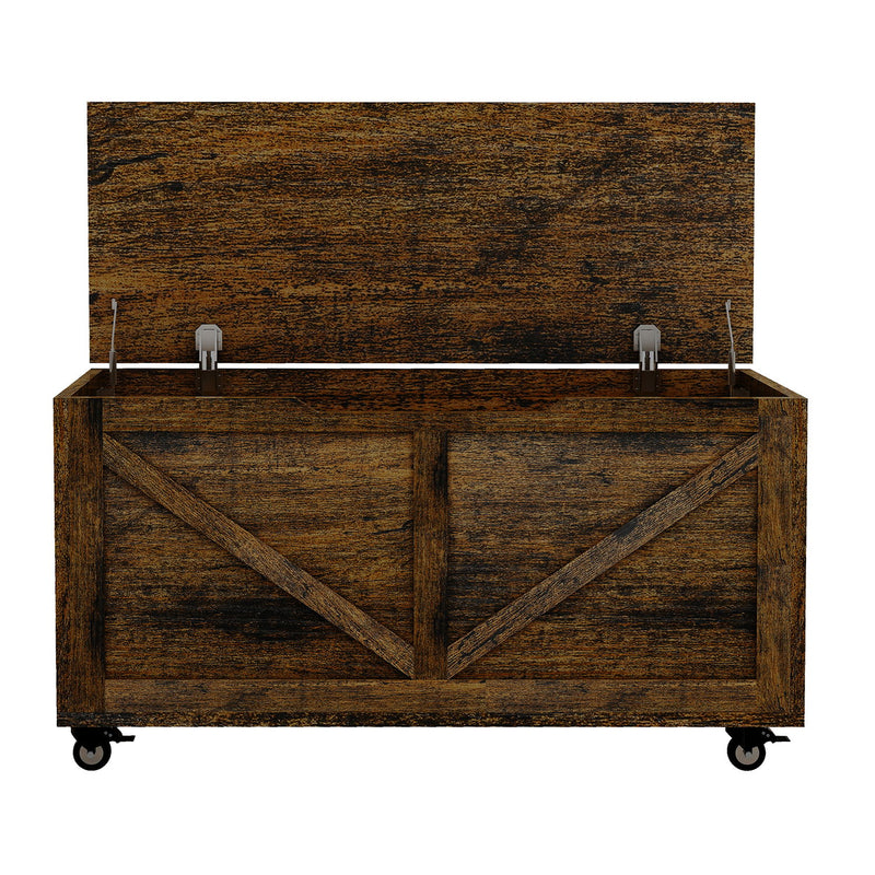 Rustic Wooden Storage Chest With Wheels And Safety Hinge, 300 Lb Capacity - Rustic Brown