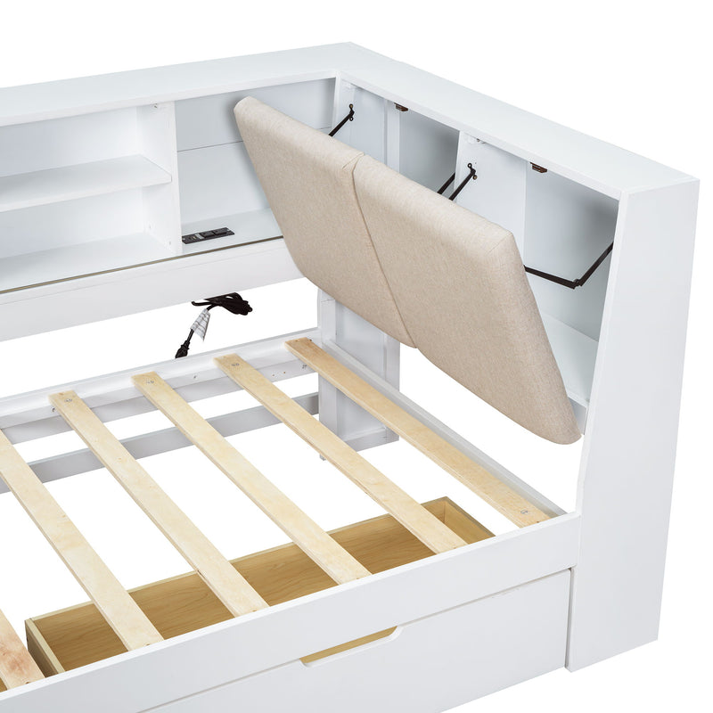 L-Shaped Daybed Corner Bed Under Bed Drawers With Storage Bookcase And Upholstered Headboard And USB Charging Ports