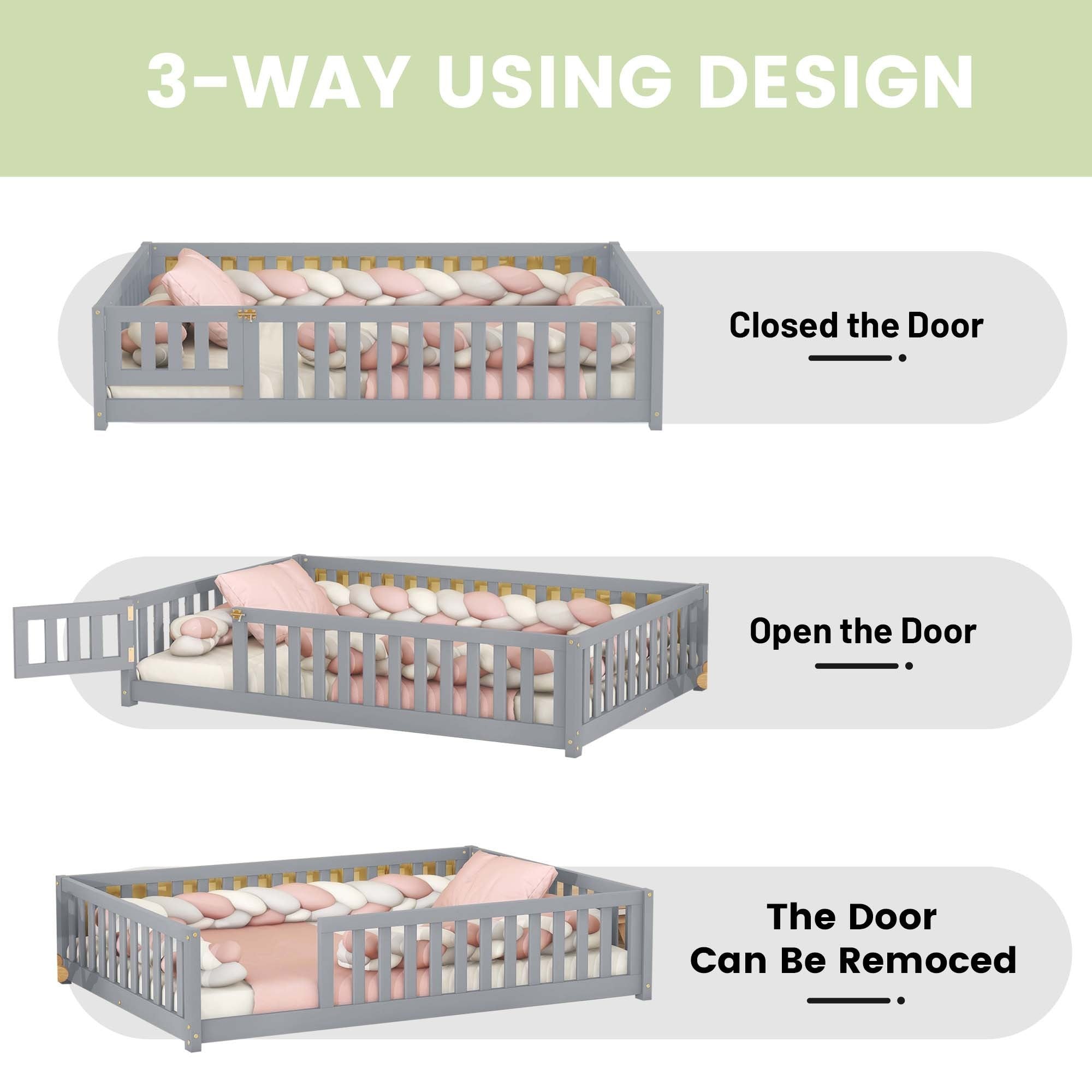 Full Size Bed Floor Bed with Safety Guardrails and Door for Kids, Gray