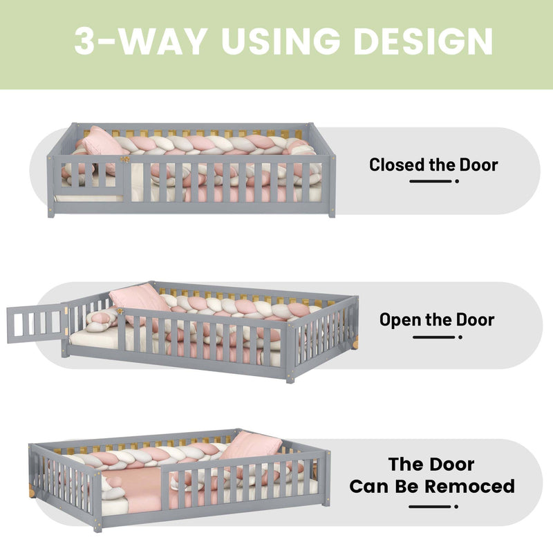 Full Size Bed Floor Bed with Safety Guardrails and Door for Kids, Gray