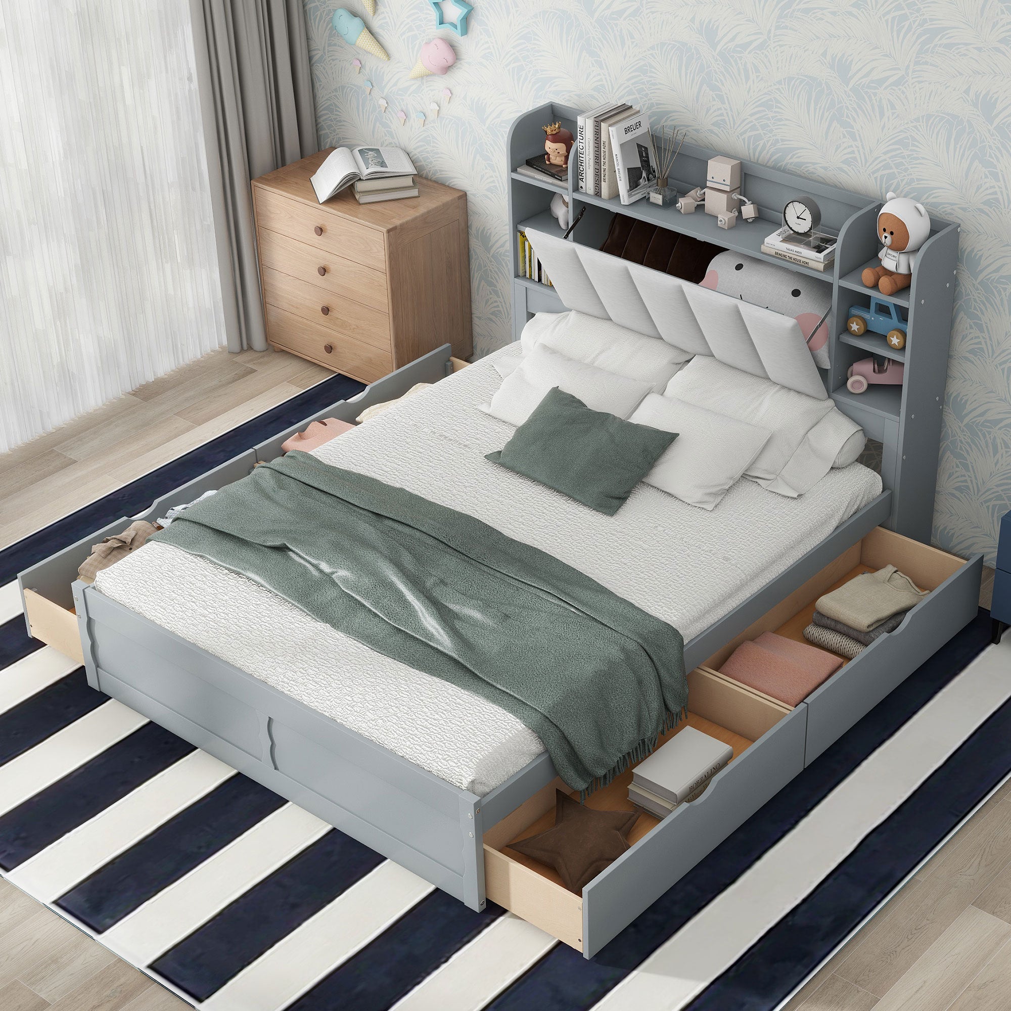 Wood Queen Size Platform Bed with Storage Headboard, Shelves and 4 Drawers, Gray - Atlantic Fine Furniture Melbourne FL