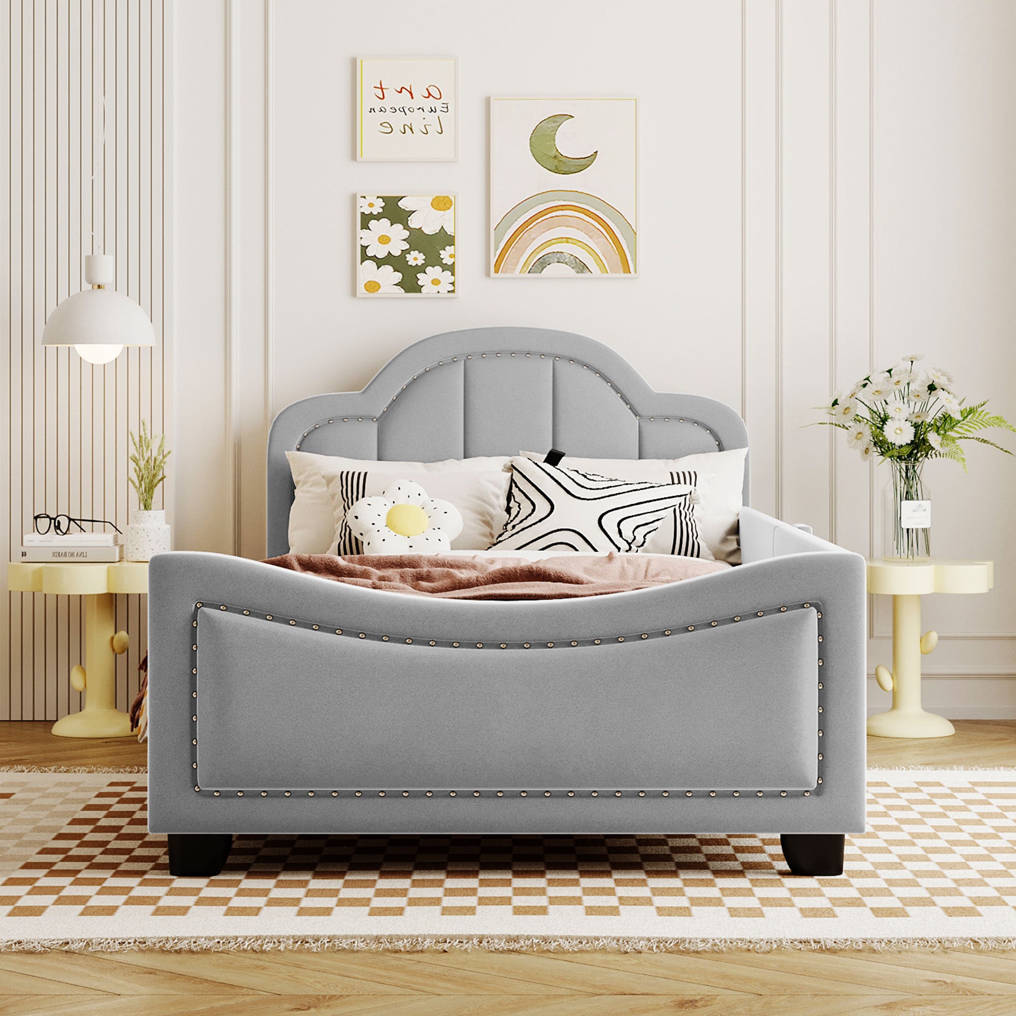 Twin Size Upholstered Daybed with Cloud Shaped Headboard, Embedded Elegant Copper Nail Design, Gray - Atlantic Fine Furniture Melbourne FL
