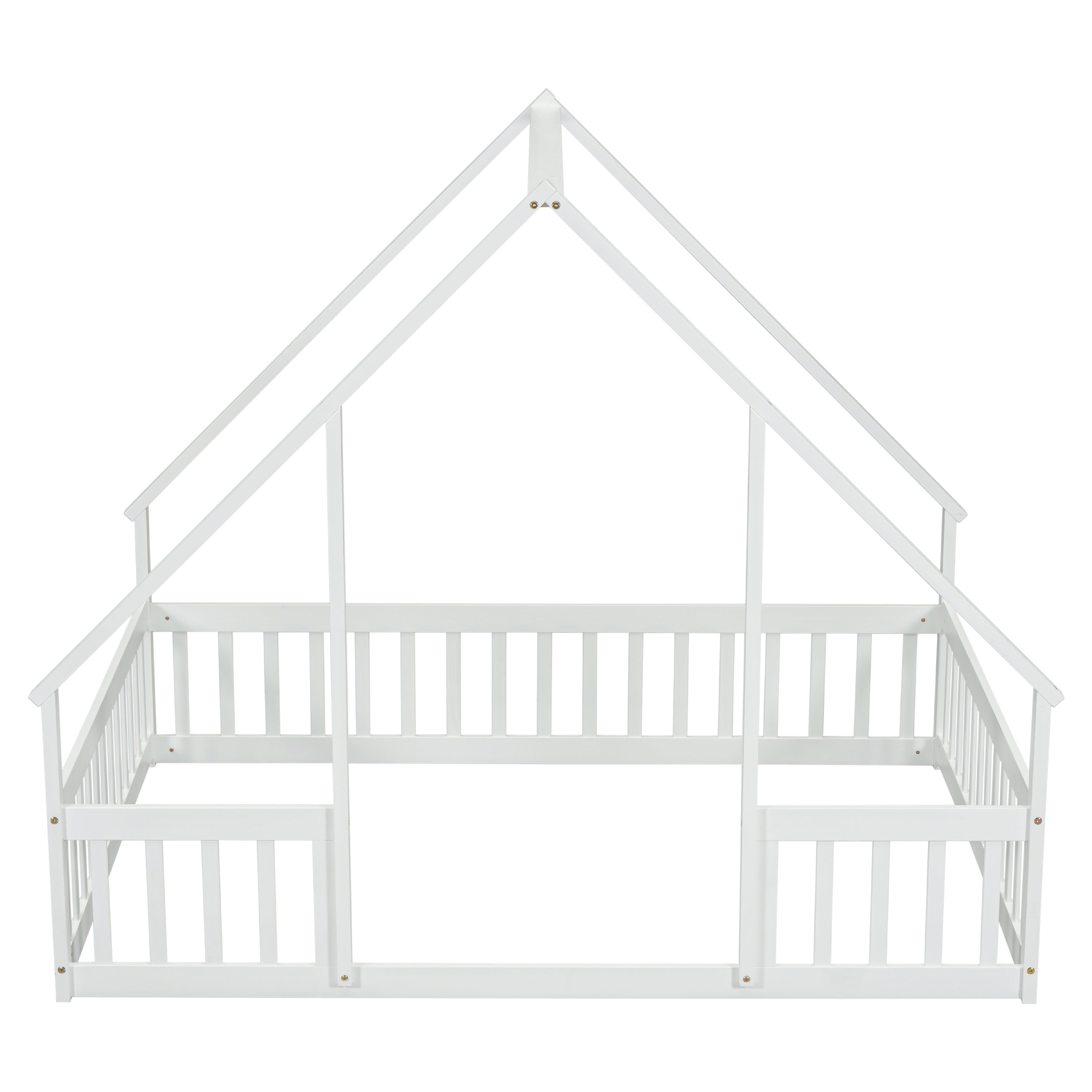 Full Wood House-Shaped Floor Bed with Fence, Guardrails,White