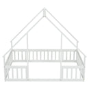 Full Wood House-Shaped Floor Bed with Fence, Guardrails,White