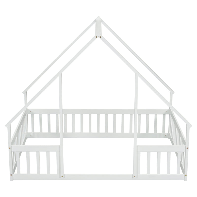 Full Wood House-Shaped Floor Bed with Fence, Guardrails,White