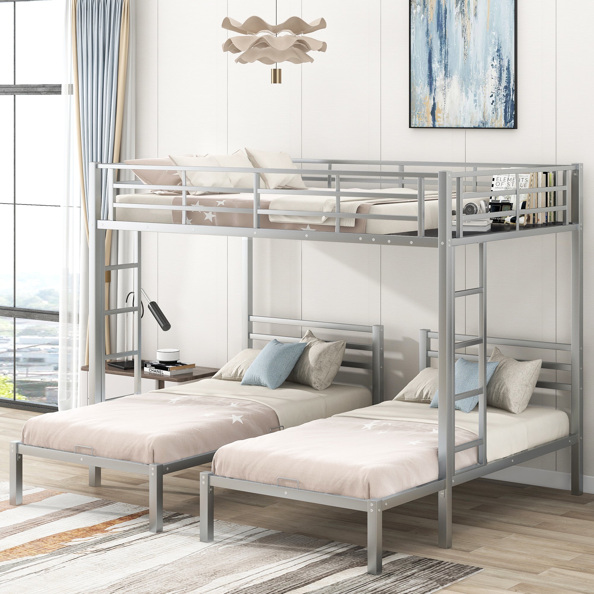 Full over Twin&Twin Size Bunk Bed with Built-in Shelf, Silver - Atlantic Fine Furniture Melbourne FL