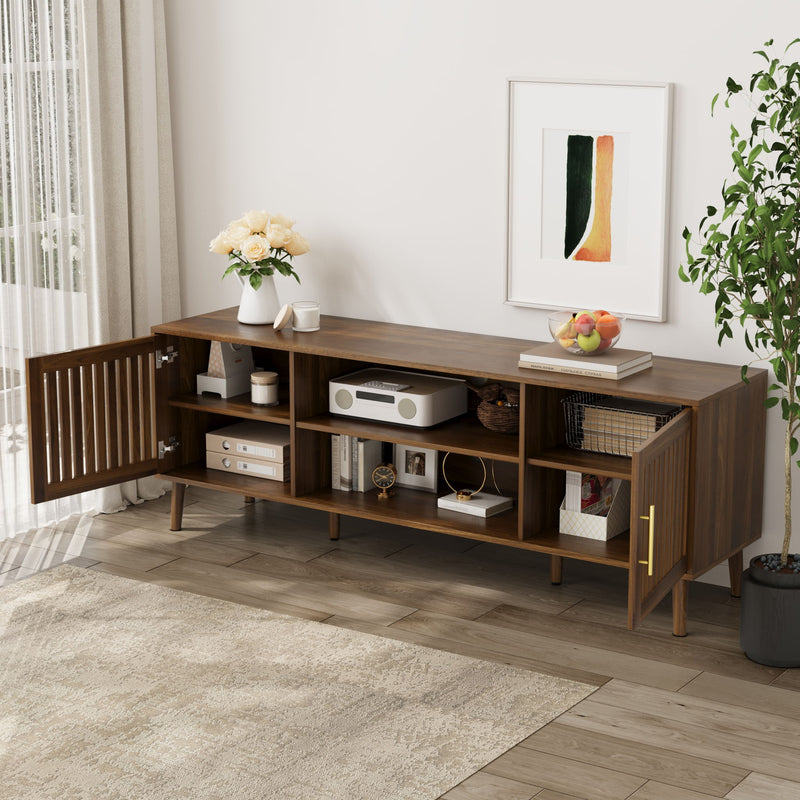 TV Stand With 2 Grille Door Cabinets And Adjustable Storage Rack, Suitable For Medieval Modern TV Cabinets, Entertainment Center With Storage Space - Walnut Wood