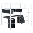Metal Loft Bed with bookcase, desk and cabinet, Full, White