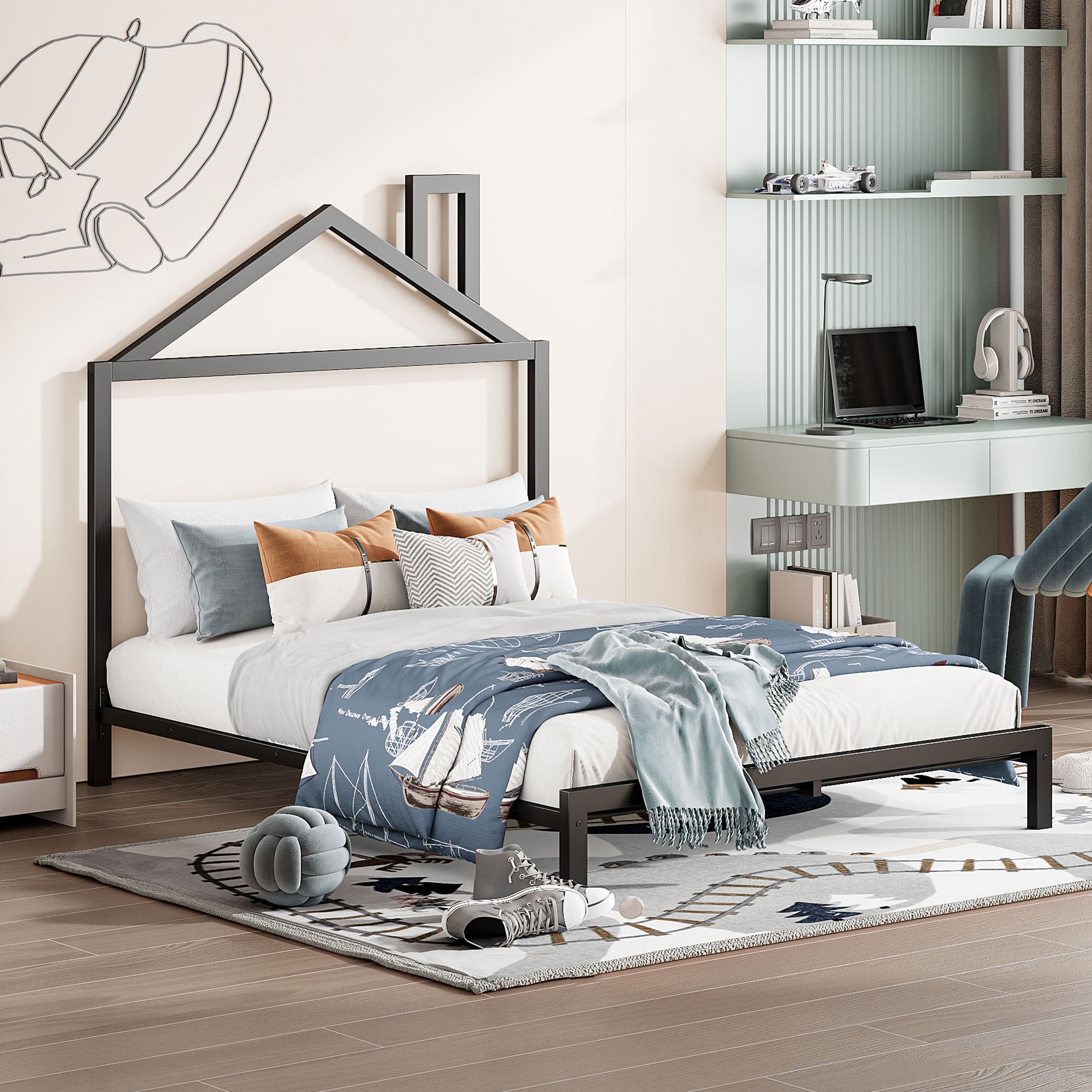 Full Size Metal Platform Bed with House-Shaped Headboard Design, Black - Atlantic Fine Furniture Melbourne FL