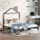 Full Size Metal Platform Bed with House-Shaped Headboard Design, Black