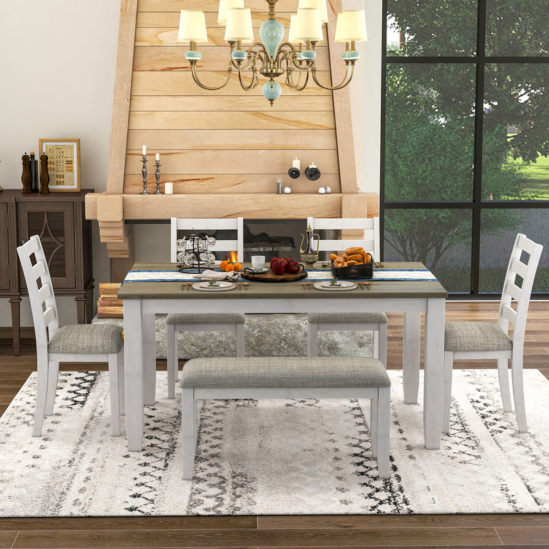 Rustic Style 6 Piece Dining Room Table Set With 4 Upholstered Chairs & A Bench - Brown / Whitewash