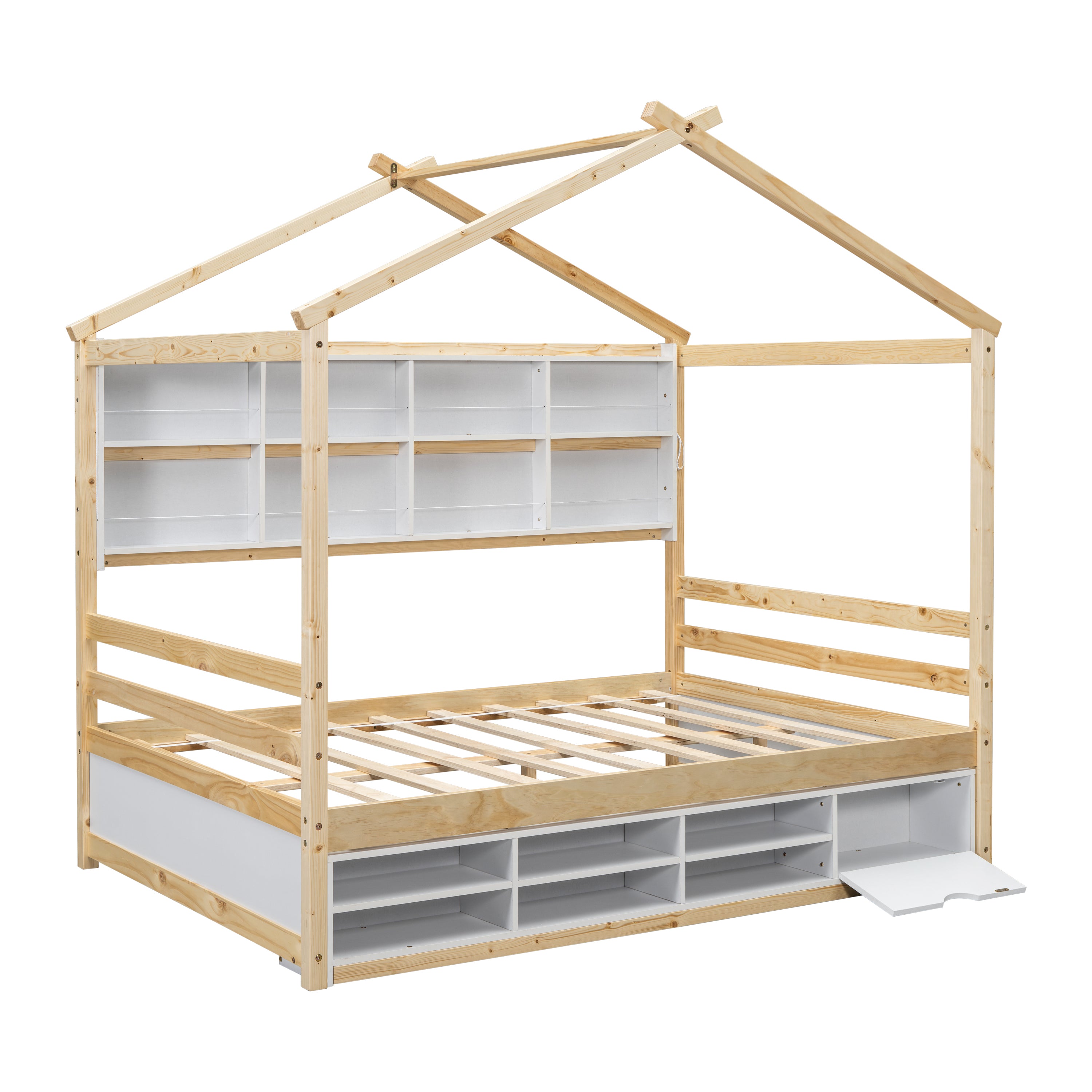 Full House Bed with Roof Frame, Bedside-shelves, Under Bed Storage Unit,Natural - Atlantic Fine Furniture Melbourne FL