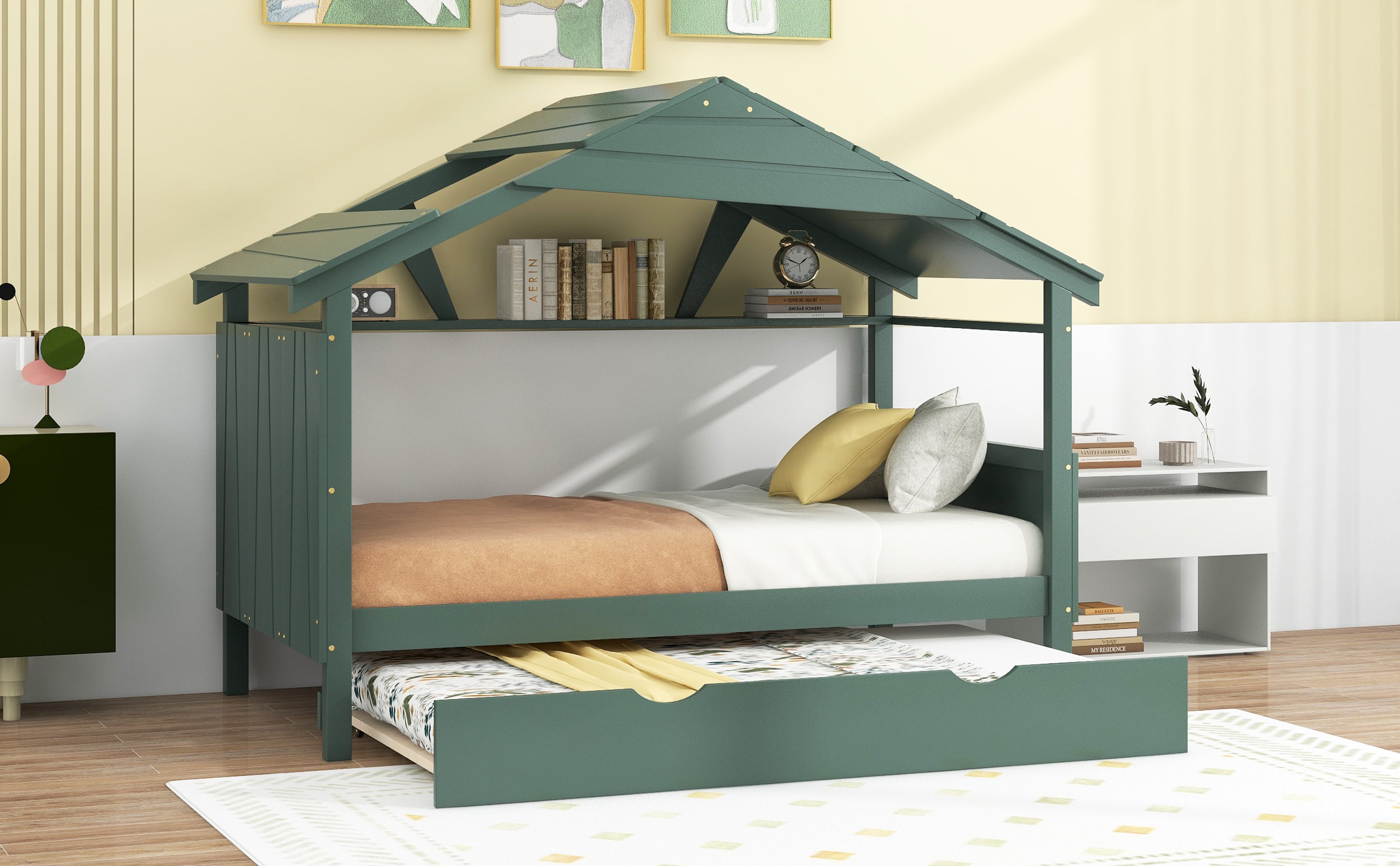 Wood Twin Size House Bed with Trundle and Storage, Green - Atlantic Fine Furniture Melbourne FL