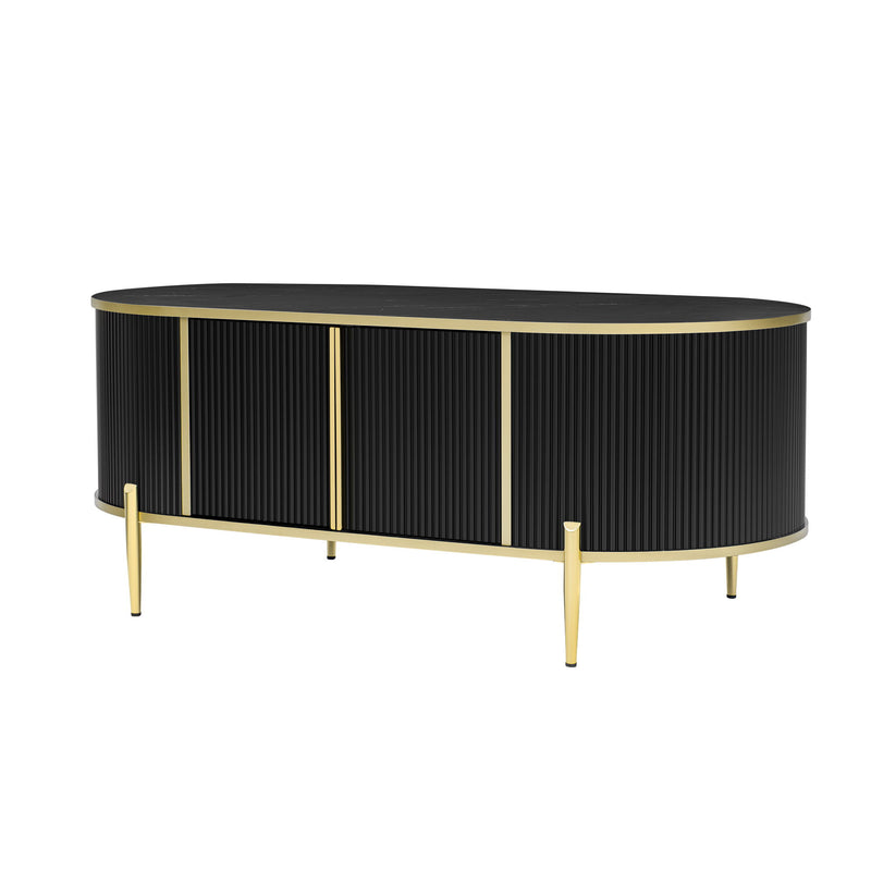 Modern Luxury Oval Shaped Fluted Coffee Table, Marble - Patterned Top Coffee Table With 2 Cabinets, Metal Legs And Handles For Living Room