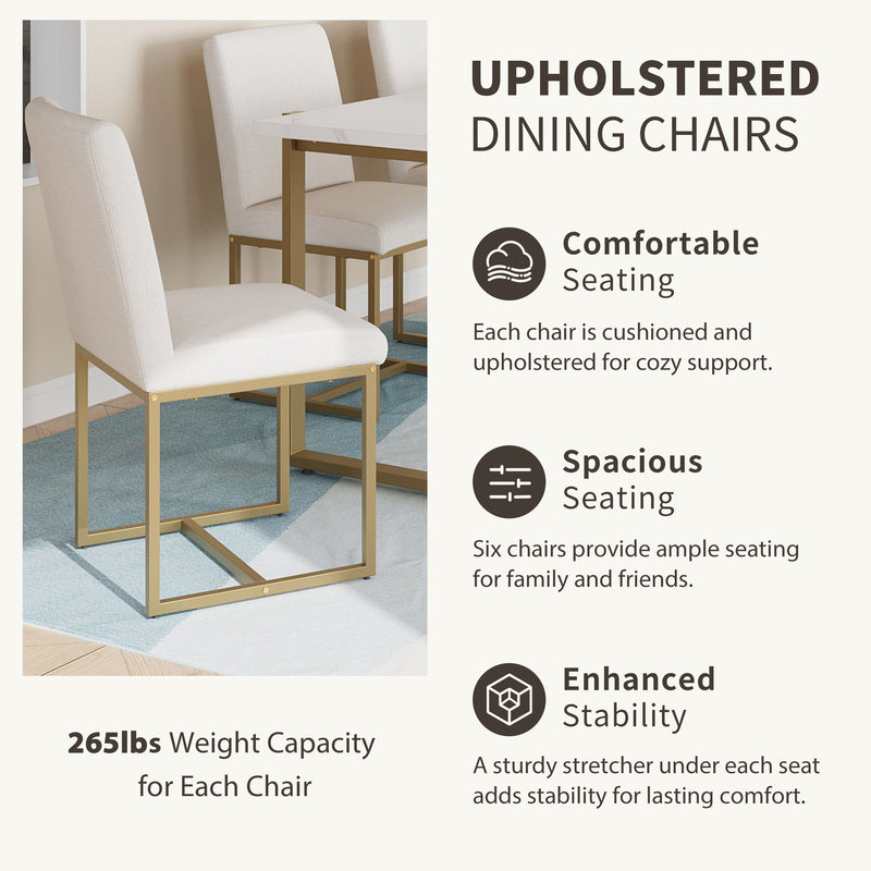 Modern Dining Table Set For 6 Faux Marble Kitchen Table Set With 6 Upholstered Dining Chairs, 7 Piece - White / Golden
