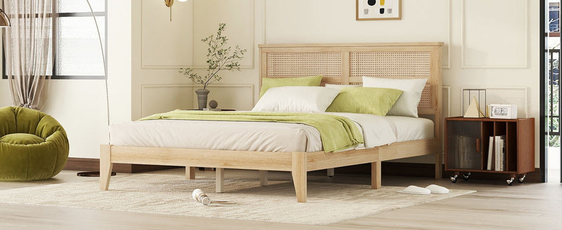 Queen Size Rubber Wooden, Solid Wooden Bed With Rattan Headboard, Enhanced By Support Feet - Natural