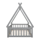 Twin Tent-shaped Floor Bed, Teepee Bed with Guardrails, Slats,Grey
