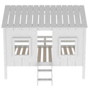 Twin Size Low Loft House Bed With Roof And 2 Front Windows - White