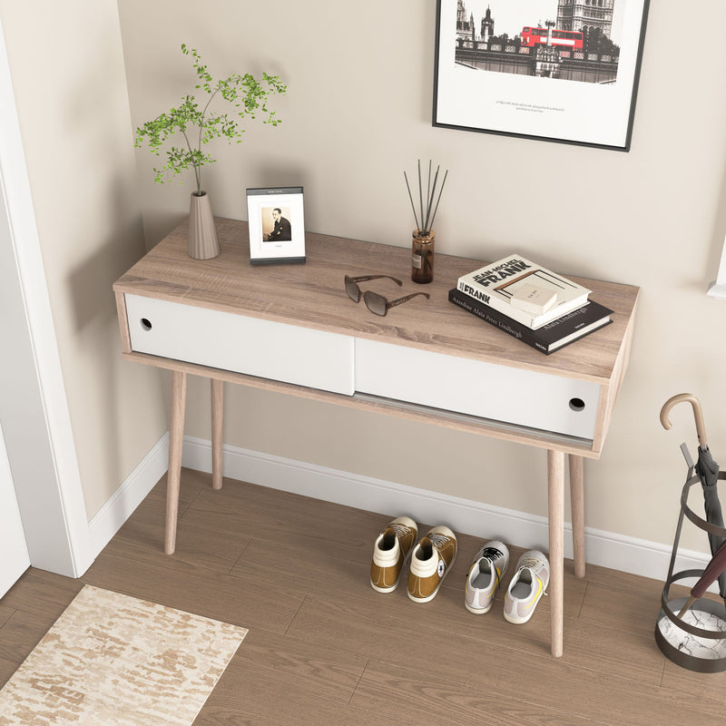 Rustic Entryway Console Table With Sliding White Doors And Wood Legs - Natural