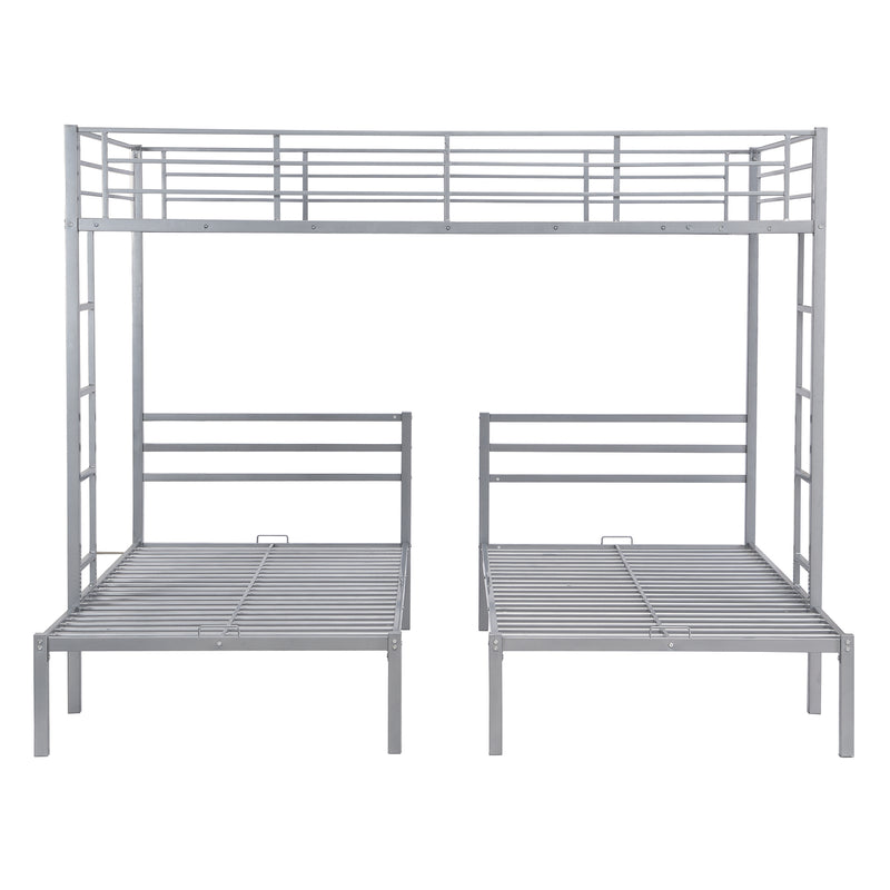 Full over Twin&Twin Size Bunk Bed with Built-in Shelf, Silver