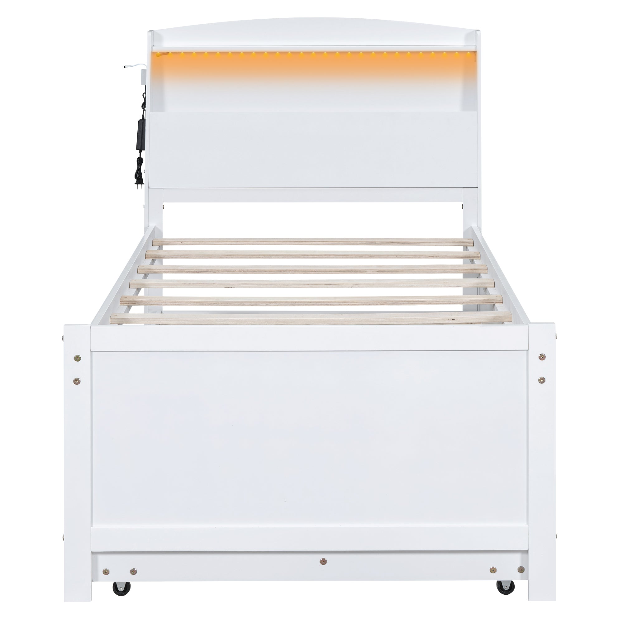 Twin Size Platform Bed with Storage LED Headboard, Twin Size Trundle and 3 Drawers, White - Atlantic Fine Furniture Melbourne FL