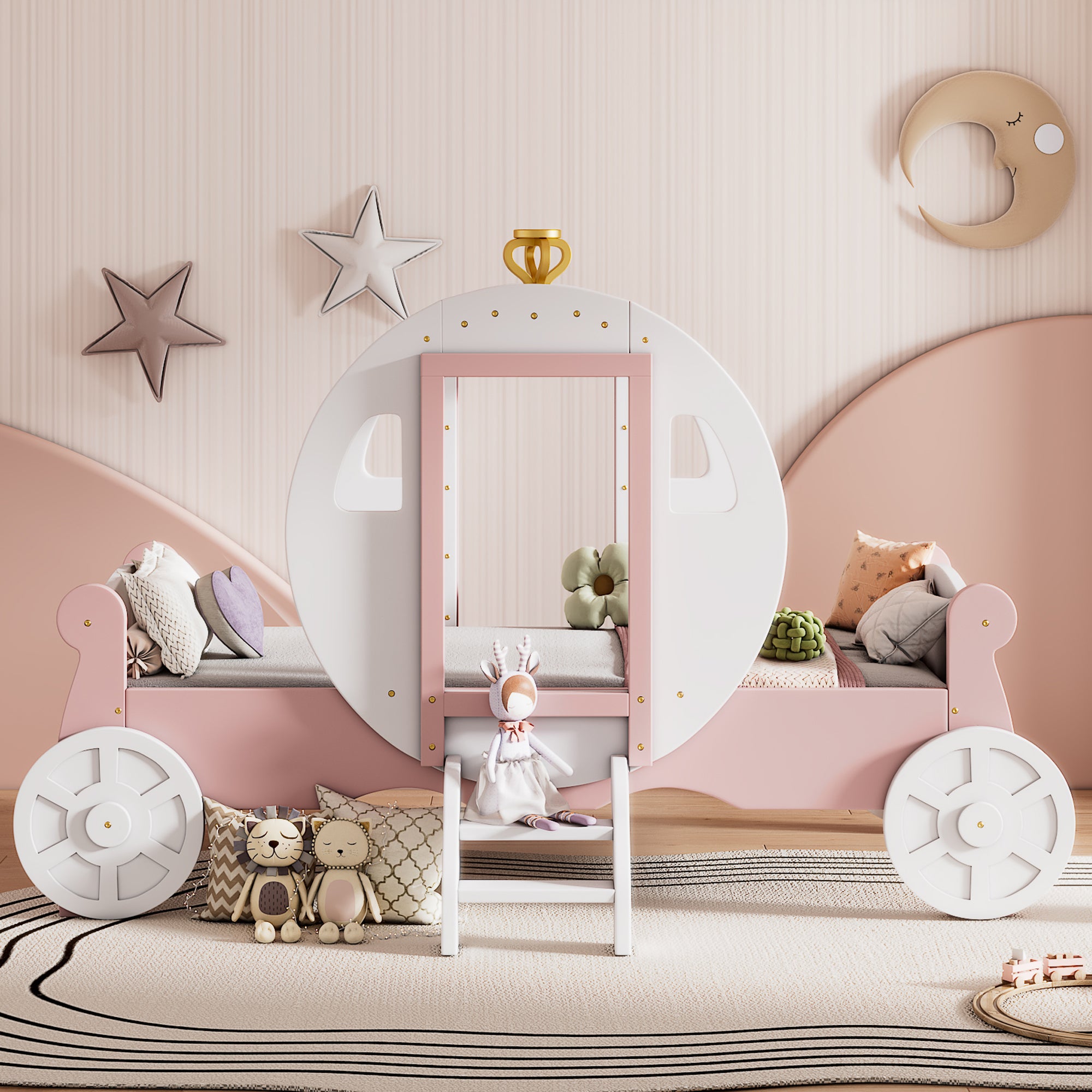 Twin size Princess Carriage Bed with Crown ,Wood Platform Car Bed with Stair,White+Pink - Atlantic Fine Furniture Melbourne FL