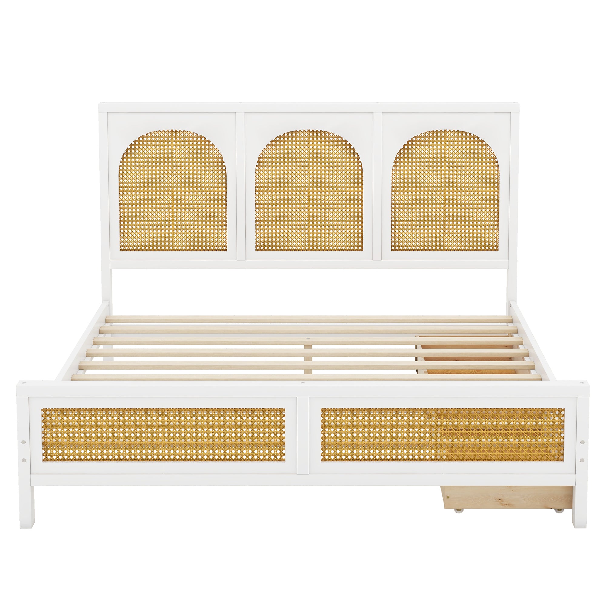 Queen Size Wood Storage Platform Bed with 2 Drawers, Rattan Headboard and Footboard, White - Atlantic Fine Furniture Melbourne FL