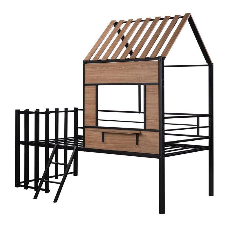 Twin Size Loft Bed With Roof, Window, Guardrail, Ladder