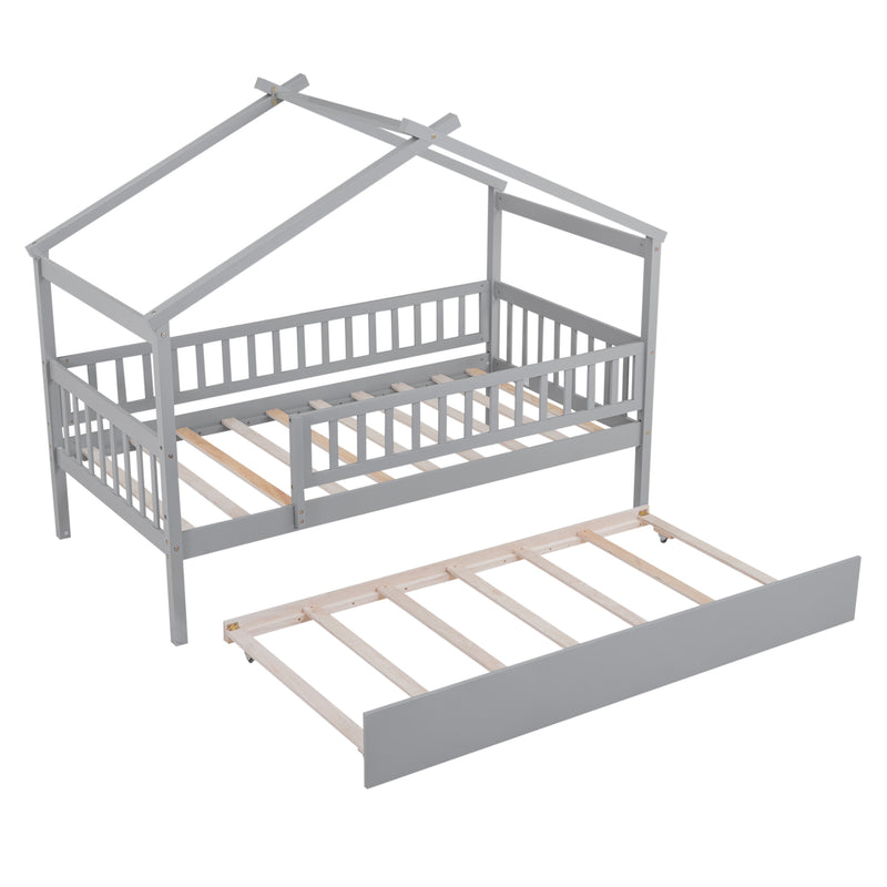 Twin Size Wooden House Bed with Twin Size Trundle, Gray