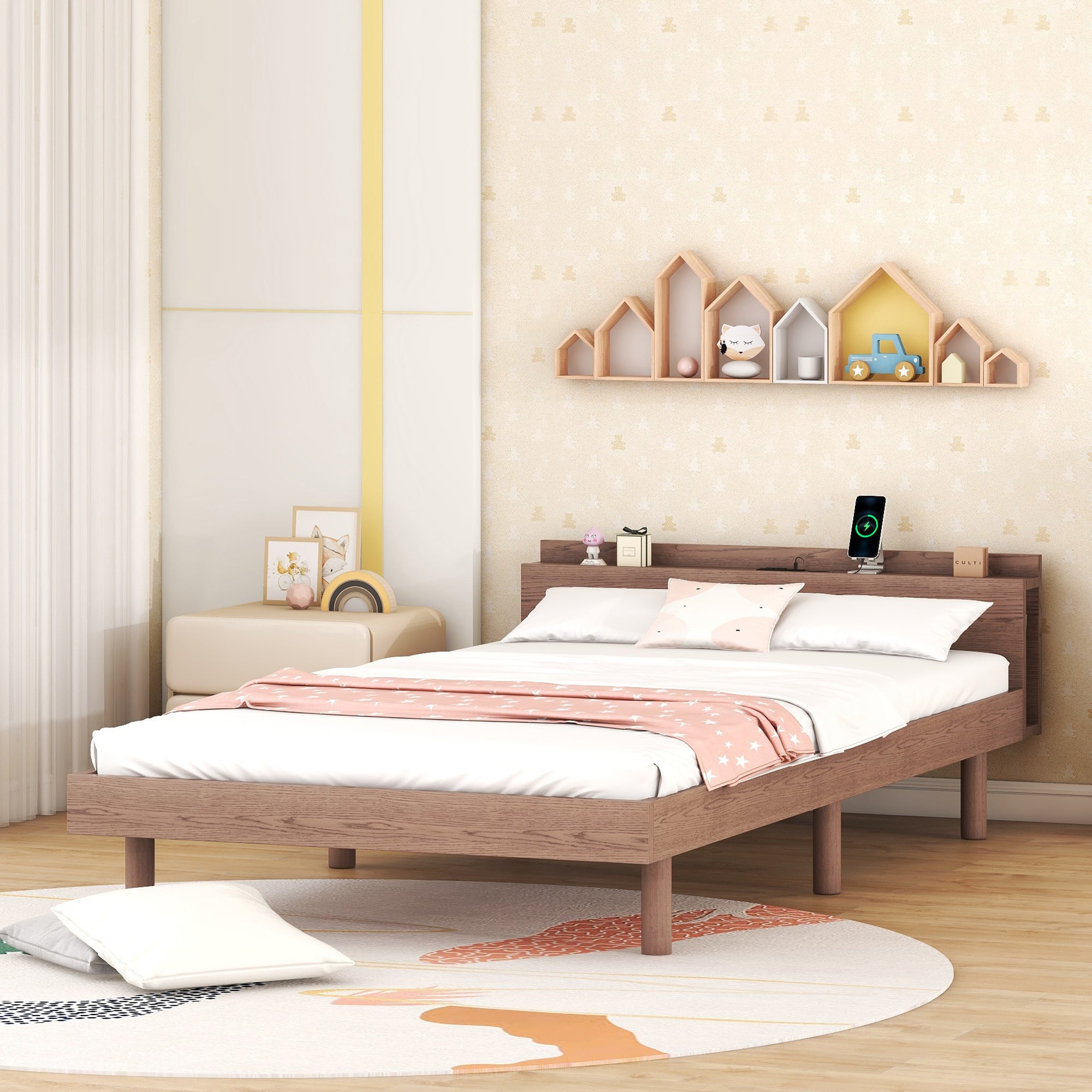 Modern Design Twin Size Platform Bed Frame with Built-in USB port for Walnut Color - Atlantic Fine Furniture Melbourne FL