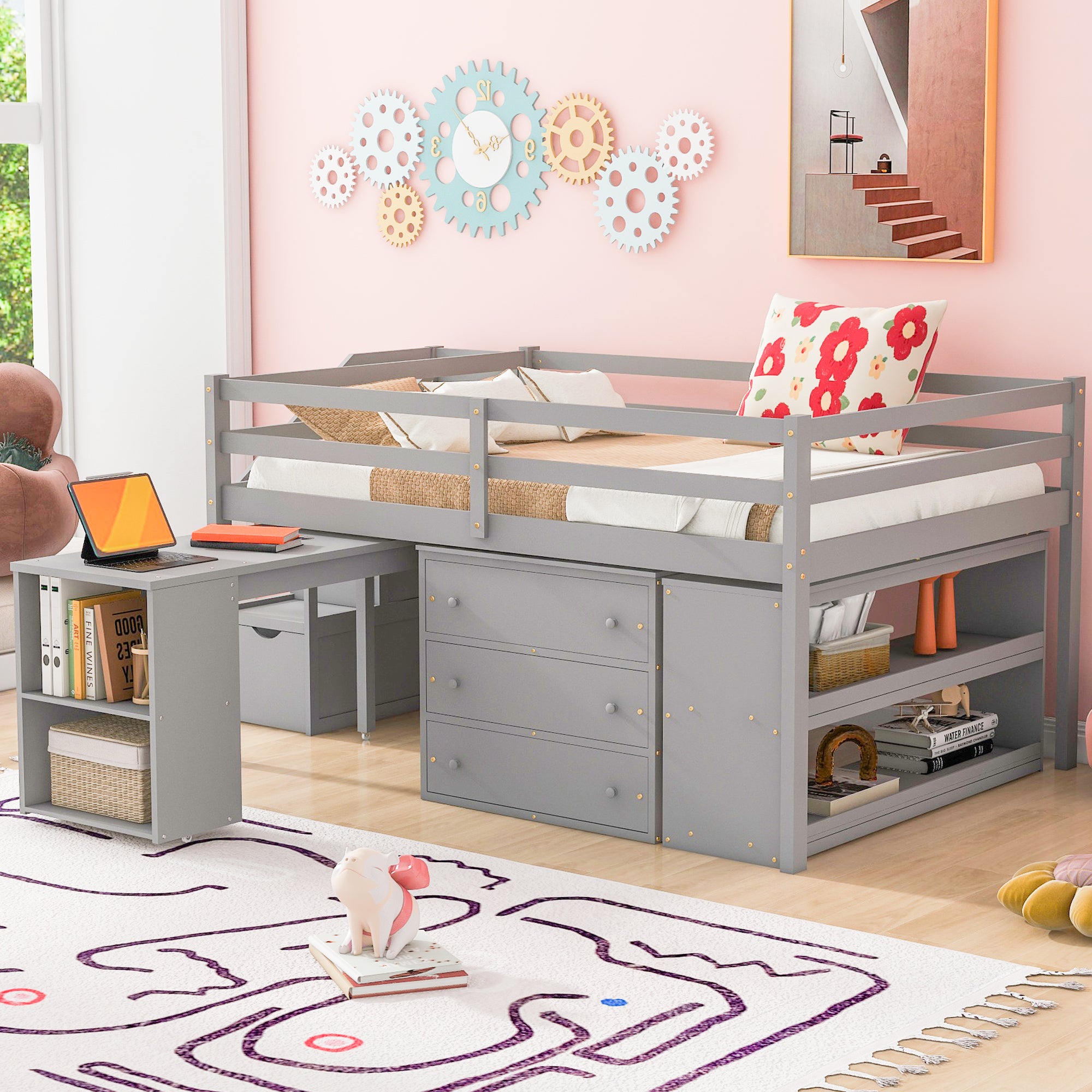 Full Size Loft Bed with Retractable Writing Desk and 3 Drawers, Wooden Loft Bed with Storage Stairs and Shelves, Gray - Atlantic Fine Furniture Melbourne FL