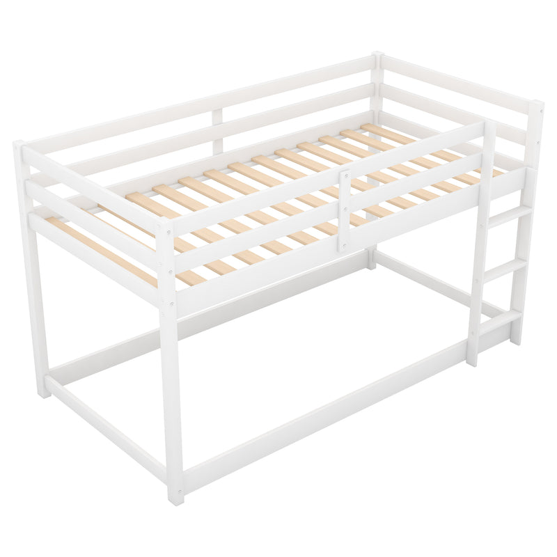 Twin over Twin Floor Bunk Bed with Ladder , White(Old SKU:WF281727AAK/WF286602AAK)