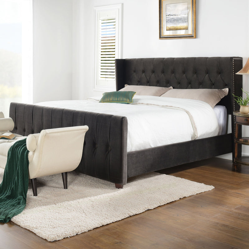 David - King Tufted Wingback Bed - Dark Charcoal Gray