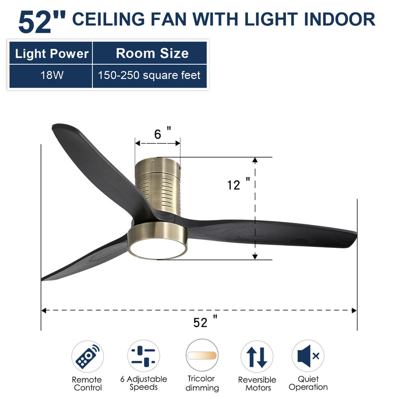 Indoor Flush Mount Ceiling Fan With 3 Solid Wood Blades Remote Control Reversible Dc Motor With LED Light - Bronze