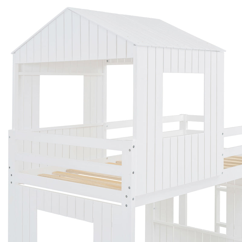 Wooden Twin Over Full Bunk Bed, Loft Bed With Playhouse, Farmhouse, Ladder, Slide And Guardrails - White