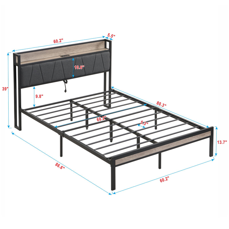 Metal Platform Bed Frame With Upholsteryolstery Storage Function Headboard And USB Liner And Footboard With Drawers, No Box Spring Needed, Large Under Bed Storage