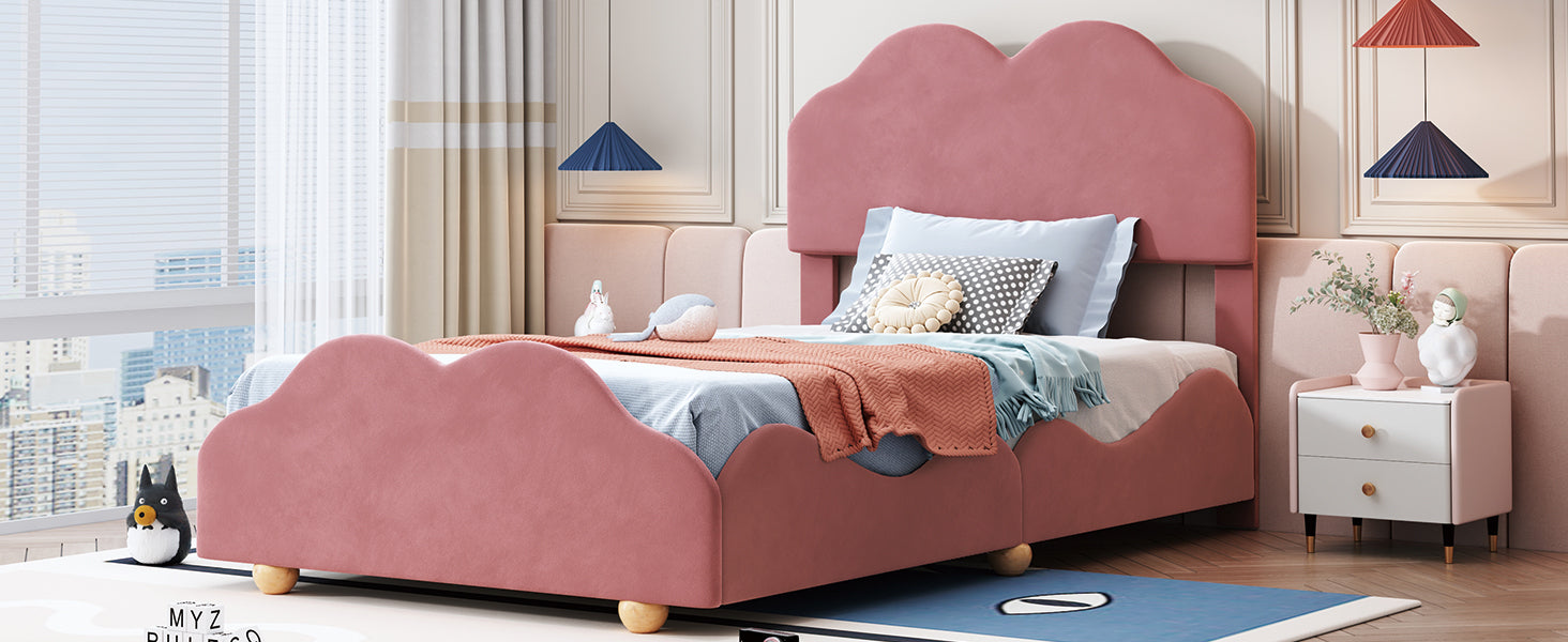 Twin Size Upholstered Platform Bed with Cloud Shaped bed board, Dark Pink - Atlantic Fine Furniture Melbourne FL