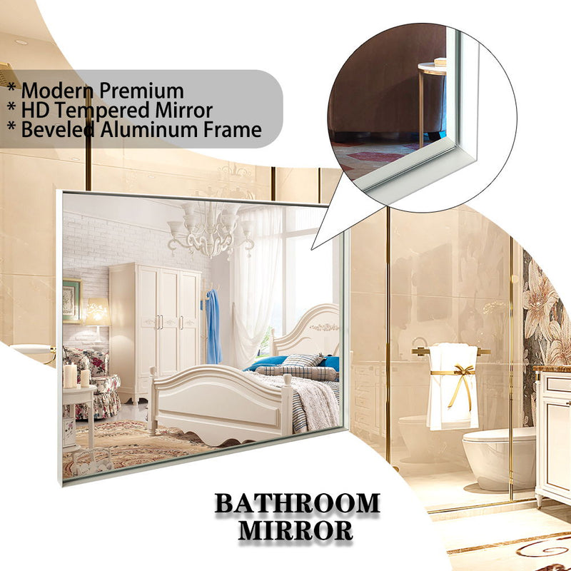 Rectangular Wall-Mounted Beveled Bathroom Mirror, Square Angle Metal Frame Wall Mounted Bathroom Mirrors For Wall (Horizontal & Vertical) - Glossy White