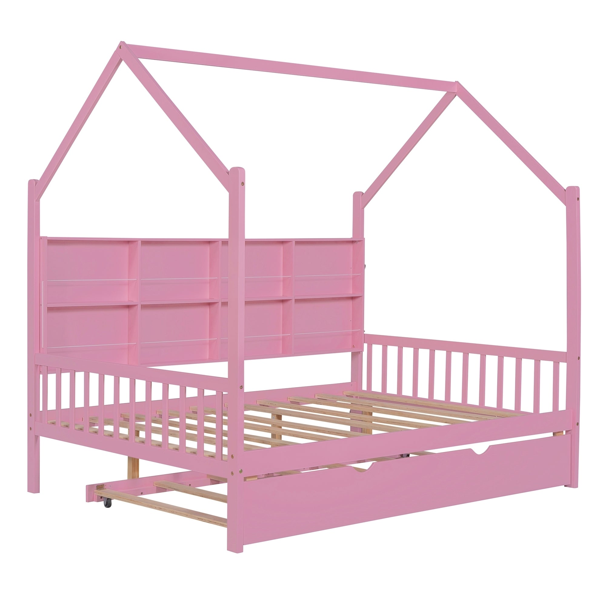 Wooden Full Size House Bed with Trundle,Kids Bed with Shelf,Pink - Atlantic Fine Furniture Melbourne FL